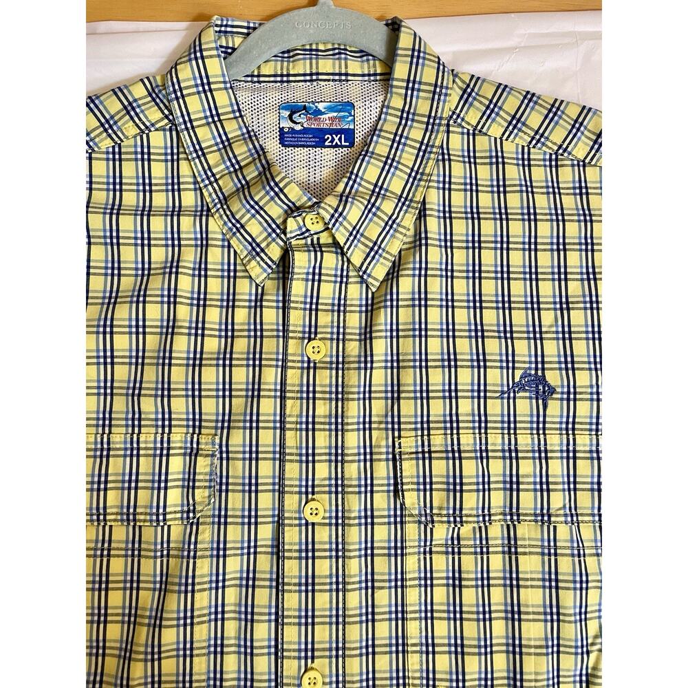 World Wide Sportsman Vented Fishing Shirt Plaid Long Sleeve Yellow/Blue 2XL